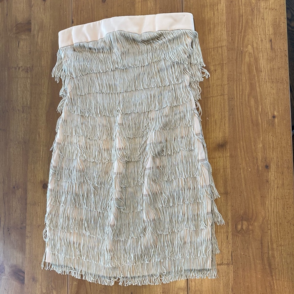 Jay Godfrey Mini Silk Fringe Strapless Dress Tan